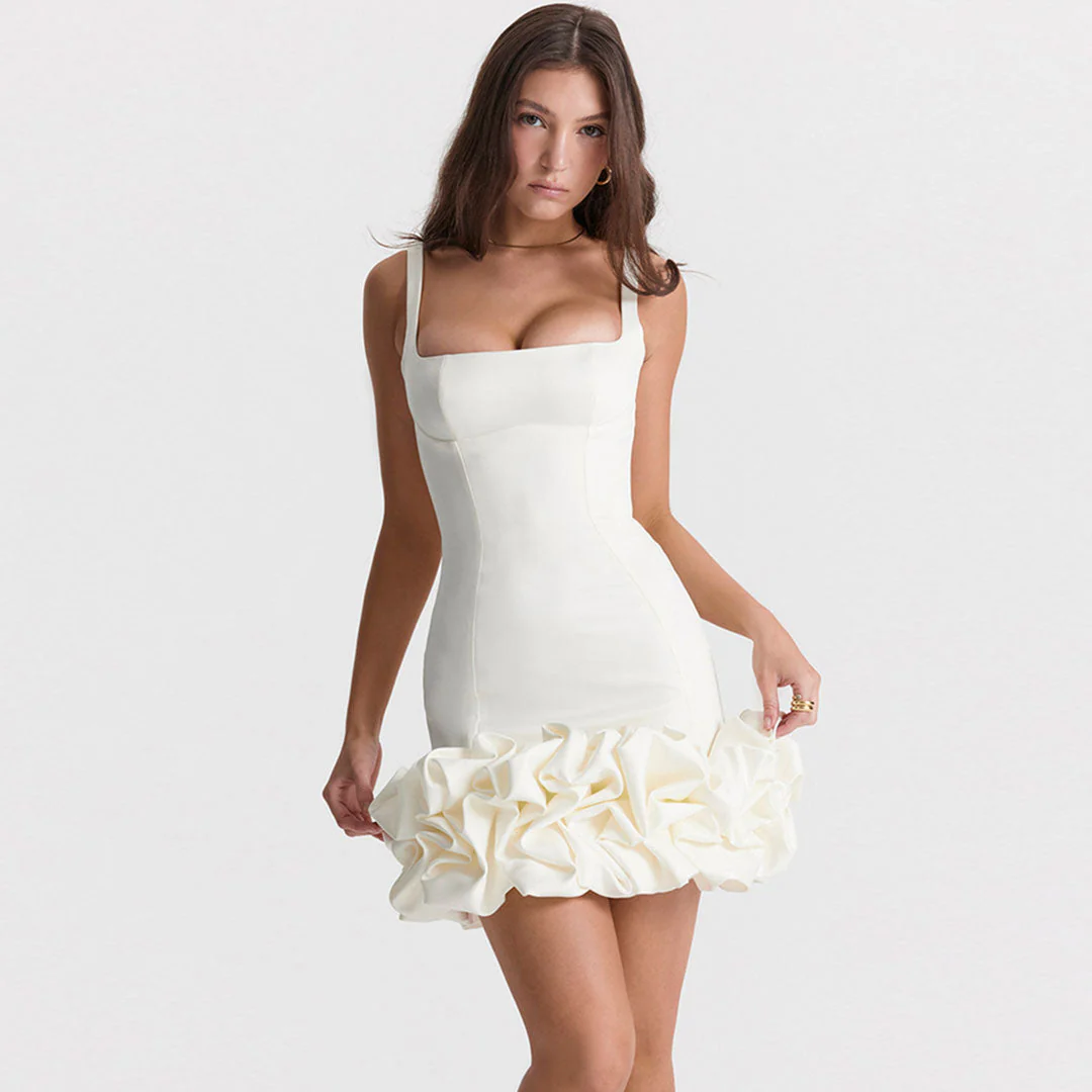 Ruffle Hem Square Neck Sleeveless Bodycon Party Mini Dress - White - Image 9