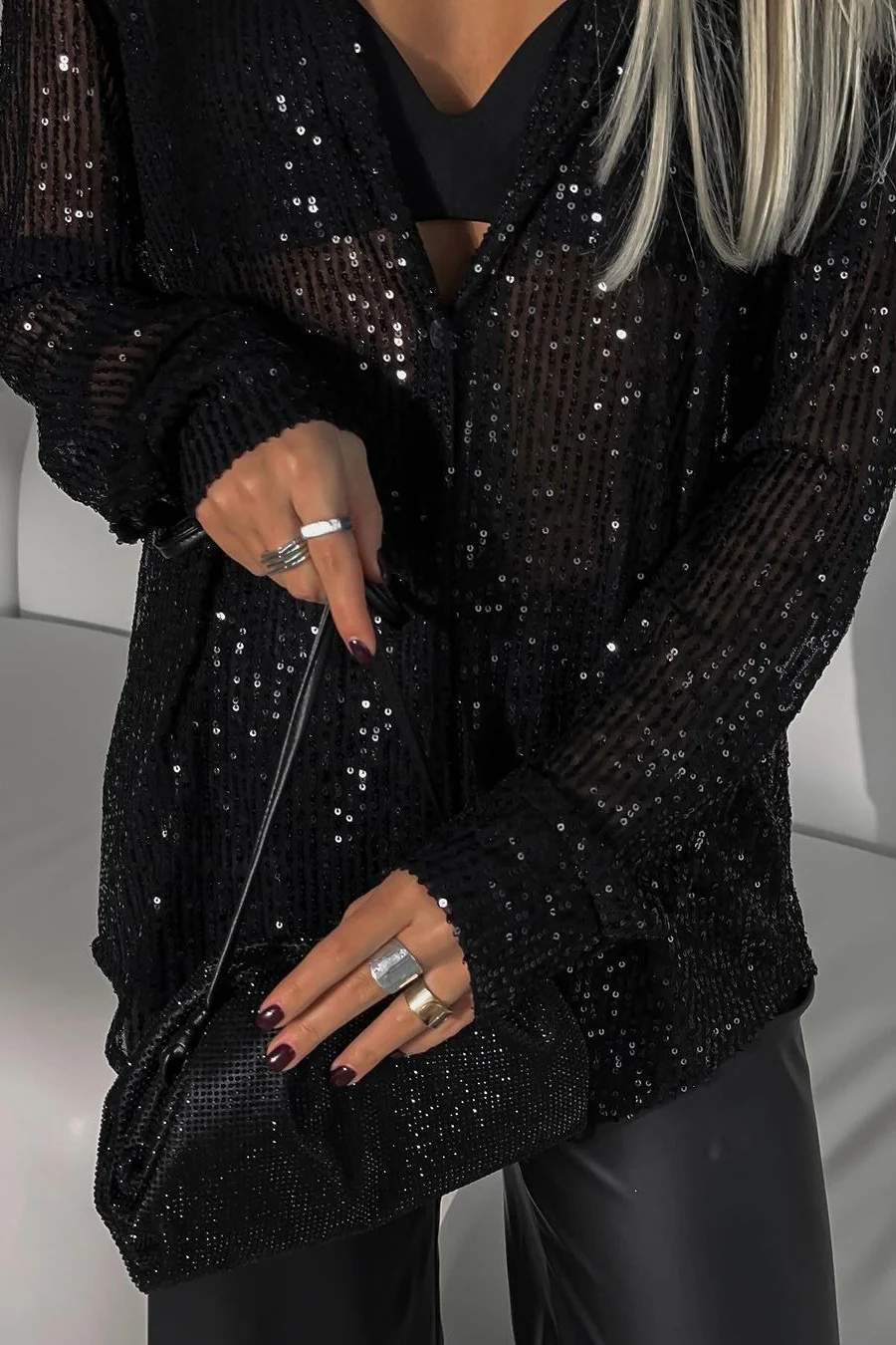 Sexy Sequin Lapel Long Sleeve Shirt - Image 4