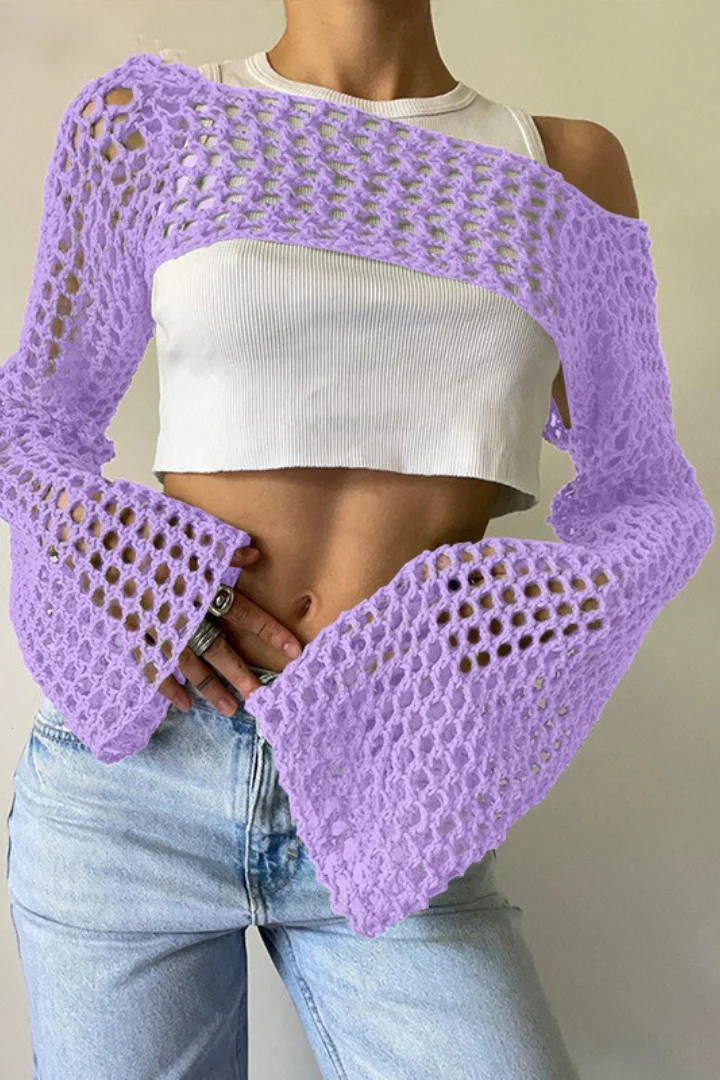 Sexy Sheer Crochet Bell Sleeve Crop Top - Image 7