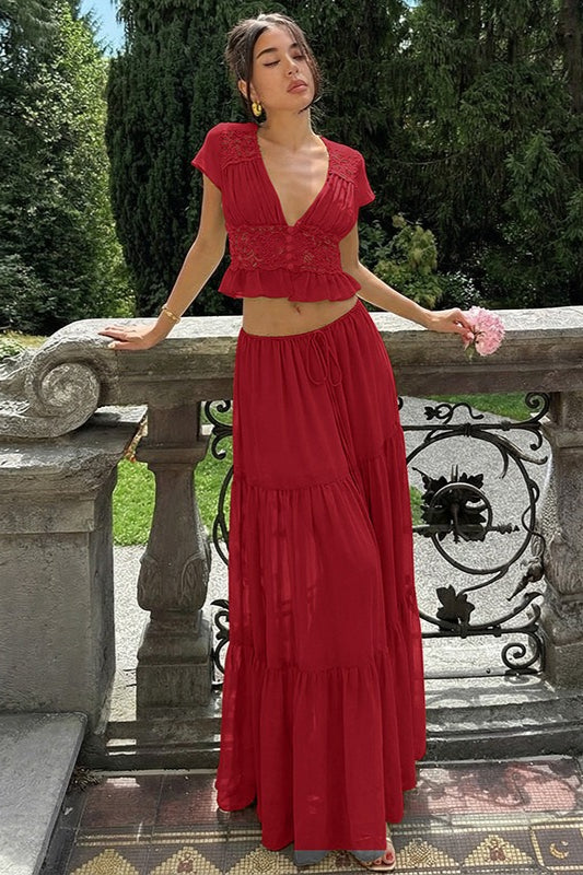 Sexy Sheer Lace Chiffon Tie Top Maxi Skirt Set - Image 10