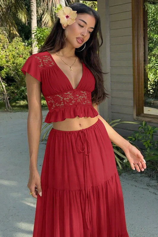 Sexy Sheer Lace Chiffon Tie Top Maxi Skirt Set - Image 8