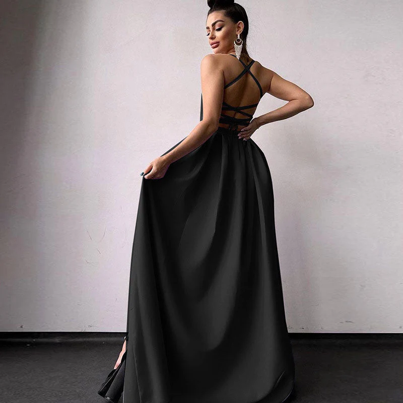 Solid Color High Split Lace Up Back Sleeveless Prom Maxi Dress - Black - Image 4