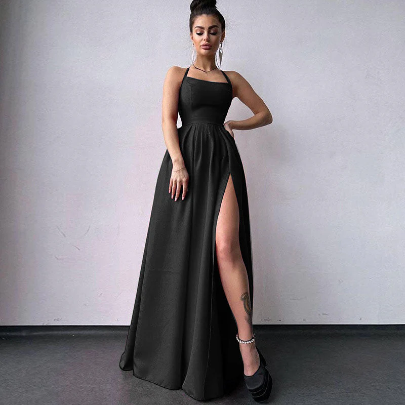 Solid Color High Split Lace Up Back Sleeveless Prom Maxi Dress - Black - Image 8