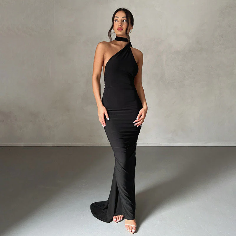 Solid Color One Shoulder Ruched Evening Maxi Dress - Black - Image 6