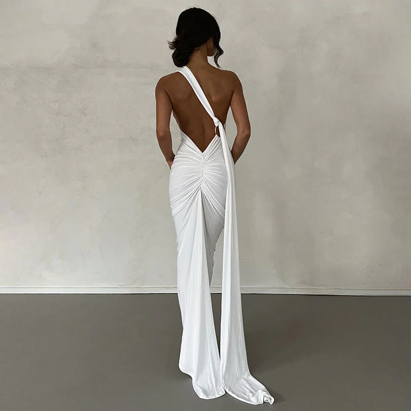Solid Color One Shoulder Ruched Evening Maxi Dress - Black - Image 7
