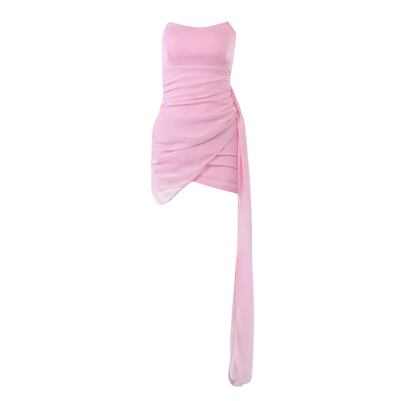 Solid Color Ruched Wrap Trim Strapless Bodycon Party Mini Dress - Pink - Image 4