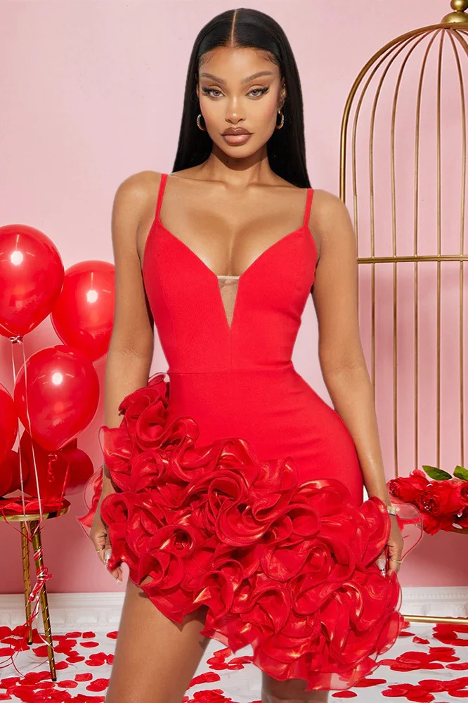 Sexy Solid Spaghetti Strap Ruffled Asymmetric Mini Dress - Image 4
