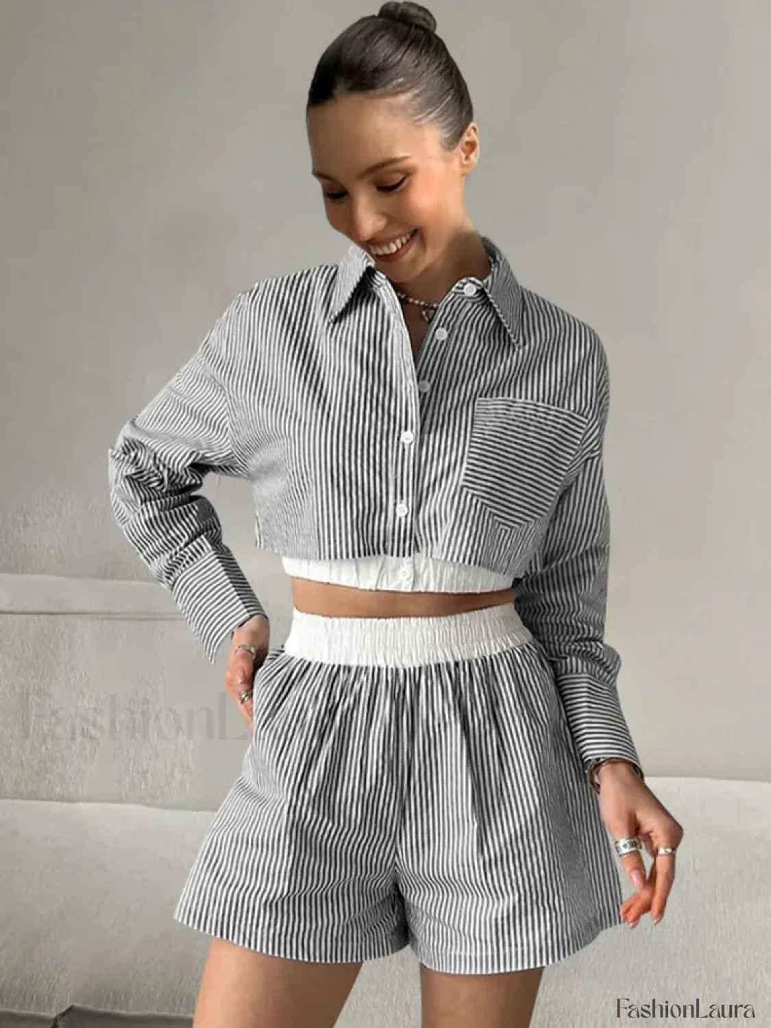 Sexy Stripe Shirt Shorts Two Piece Set - Image 12