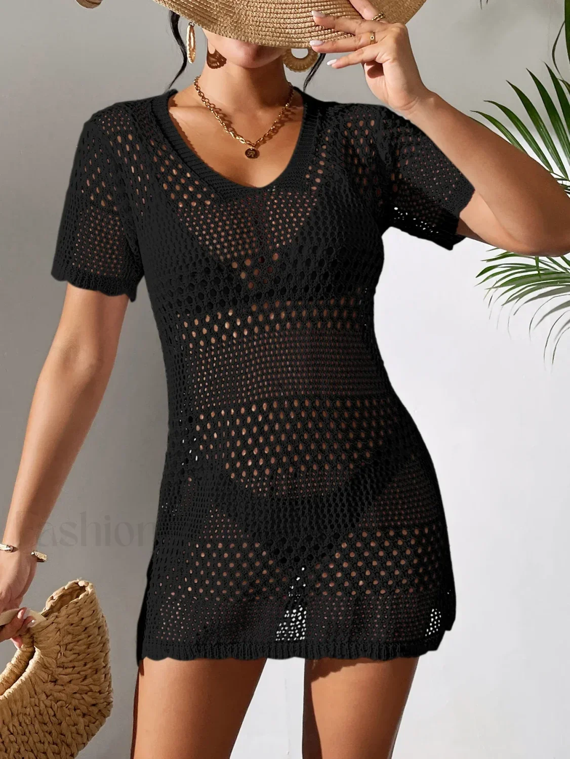 Sexy V-Neck Hollow Knit Cover Up - Image 4