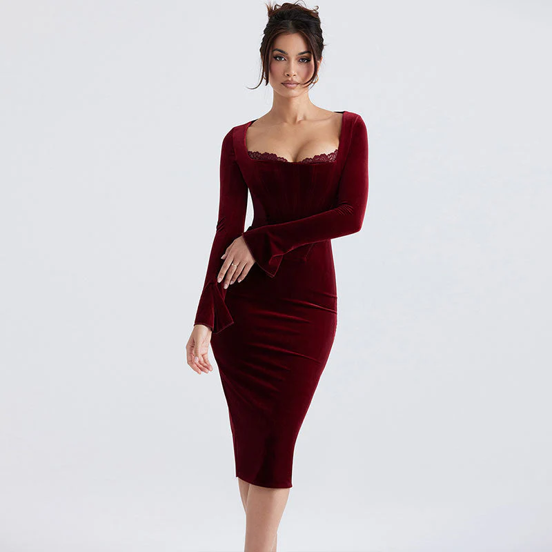 Velvet Long Sleeve Lace Trim Mesh Panel Corset Bodycon Midi Dress - Burgundy - Image 6