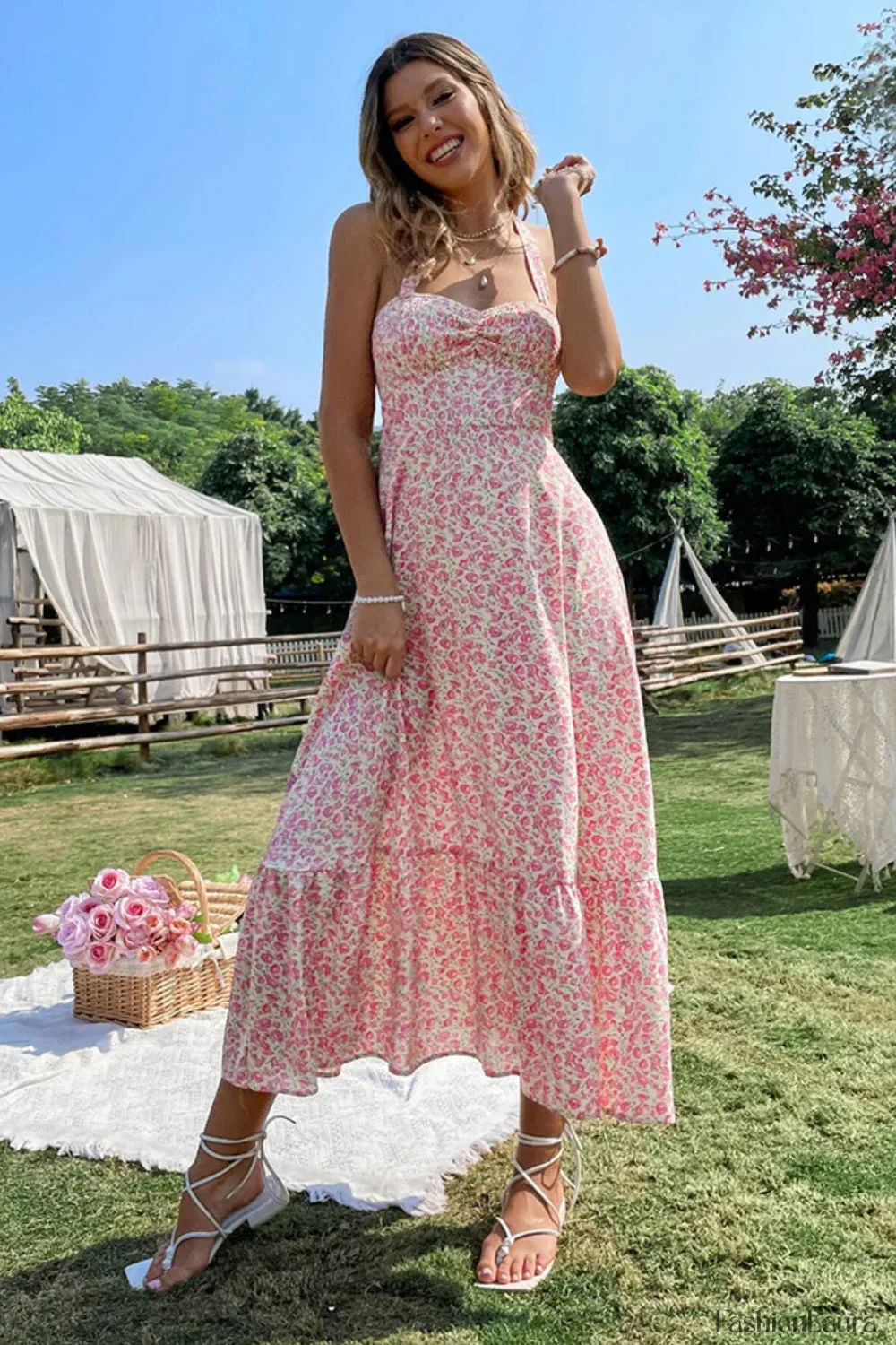 Sexy Wind Neck Sleeveless High Waist Backless A-Line Floral Dress - Image 15