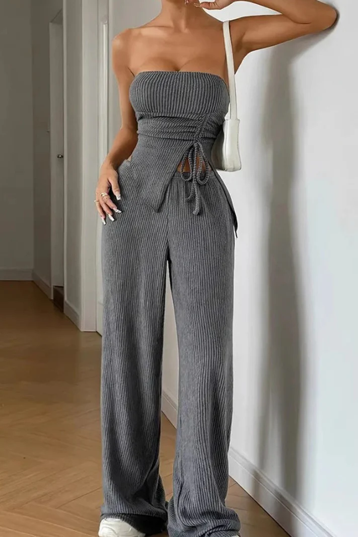Sexy Wrap Front Split Hem Top Straight Pants Set - Image 2