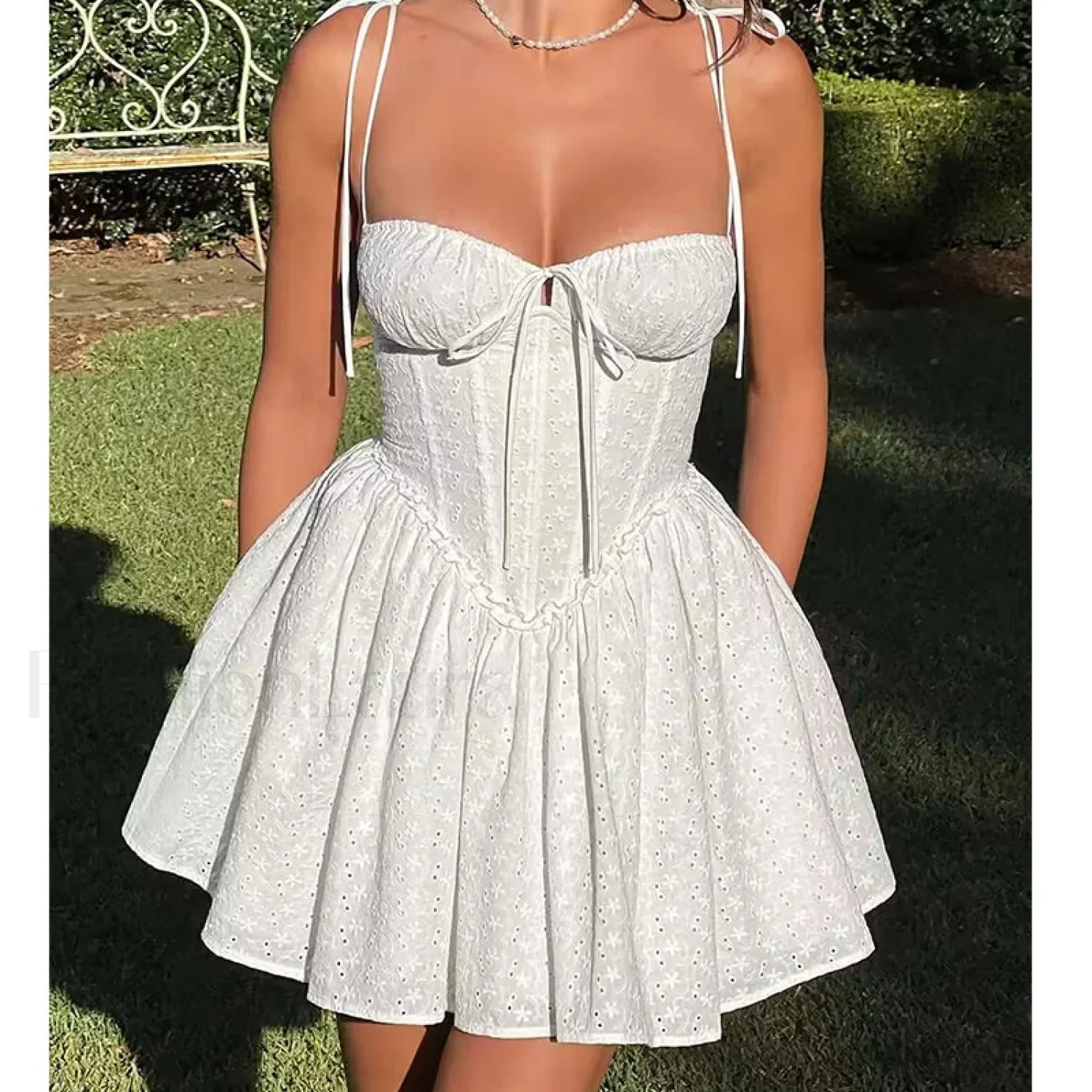 Sexy Yellow Hollow Out Embroidery Mini Dress Sling Floral Dress - Image 2