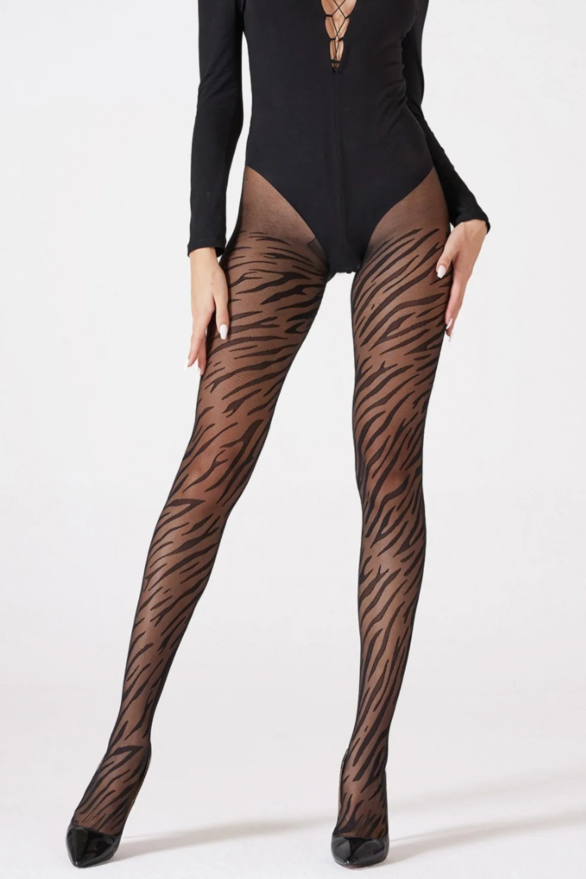 Shapewear Seamless Sheer Black Zebra Jacquard Tights - Image 2