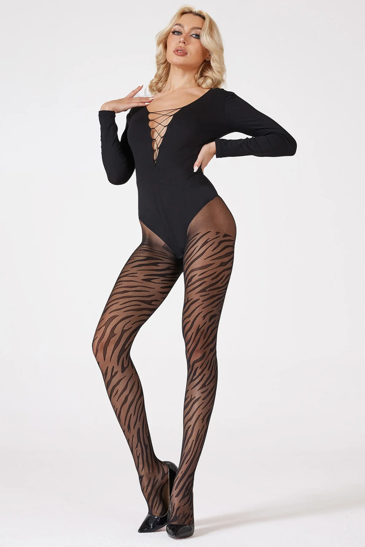 Shapewear Seamless Sheer Black Zebra Jacquard Tights - Image 3