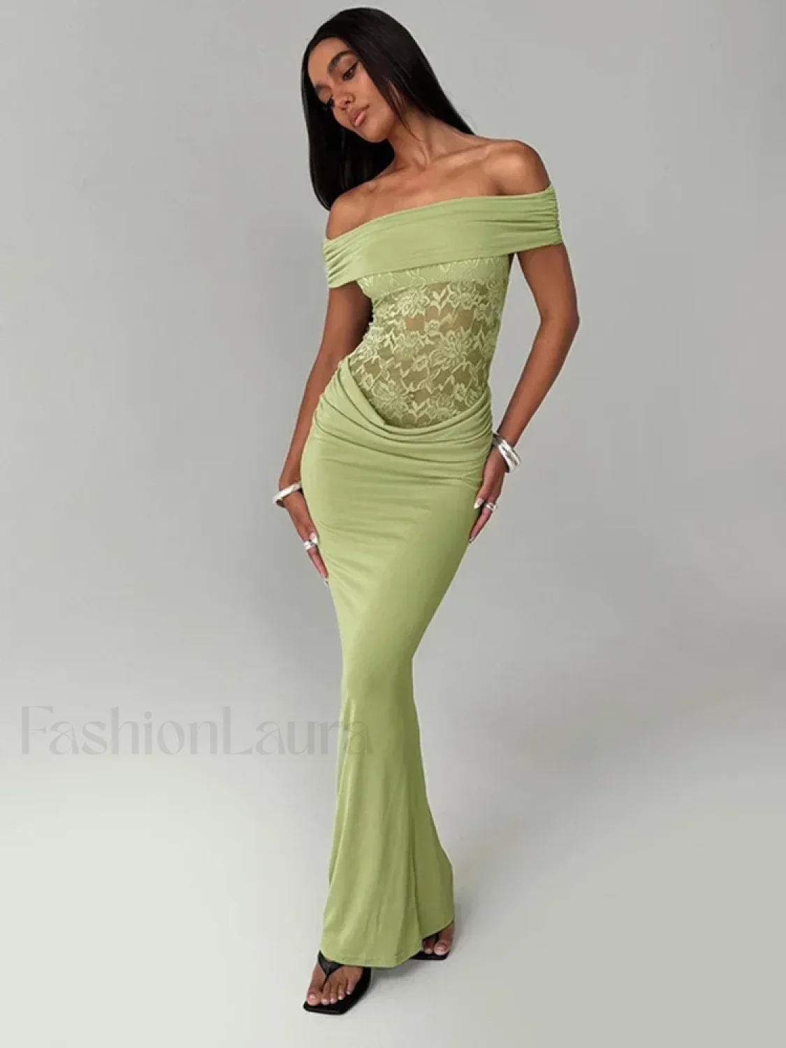 Sheer Green Strapless Maxi Dress - Image 6