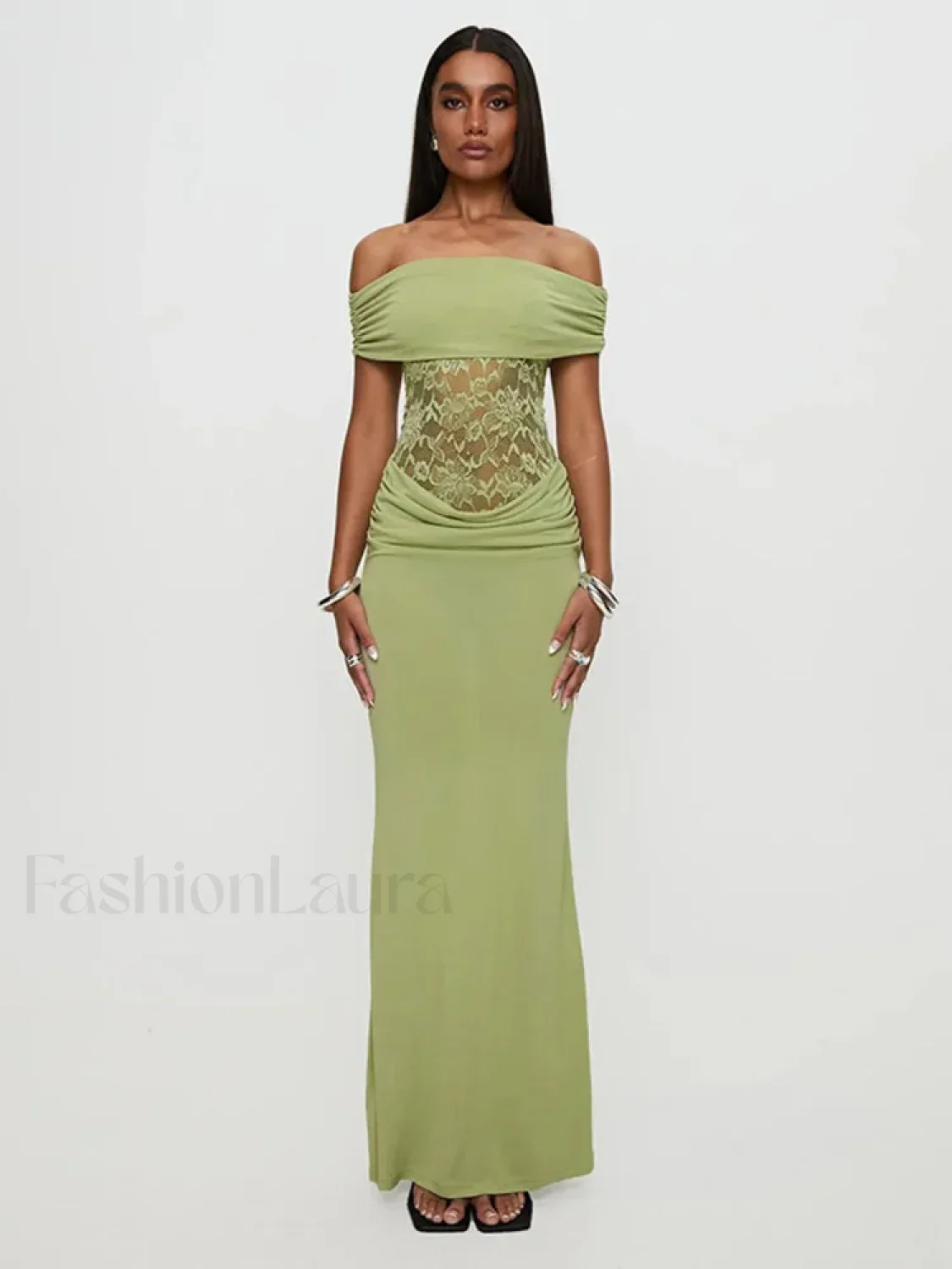 Sheer Green Strapless Maxi Dress - Image 7