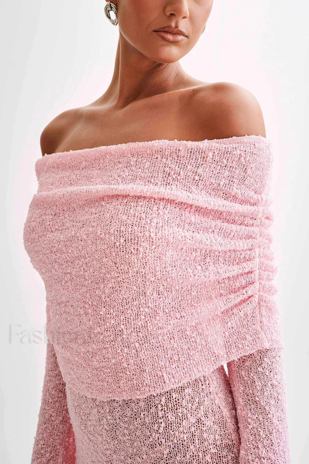 Sheer Long Sleeve Off-Shoulder Knit Work Dress - Image 3