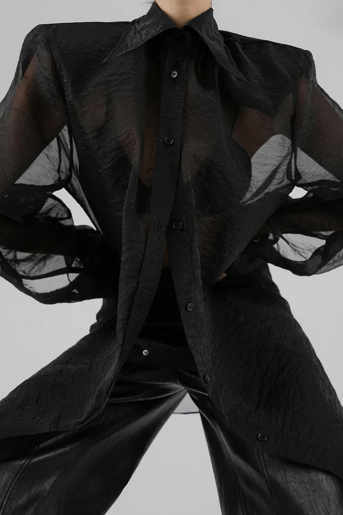 Sheer Mesh Long Sleeve Shoulder Pad Blouse - Image 2