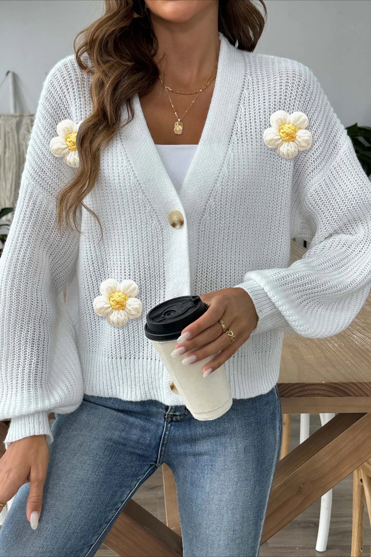 Short Floral Knit Long Sleeve Cardigan - Image 4
