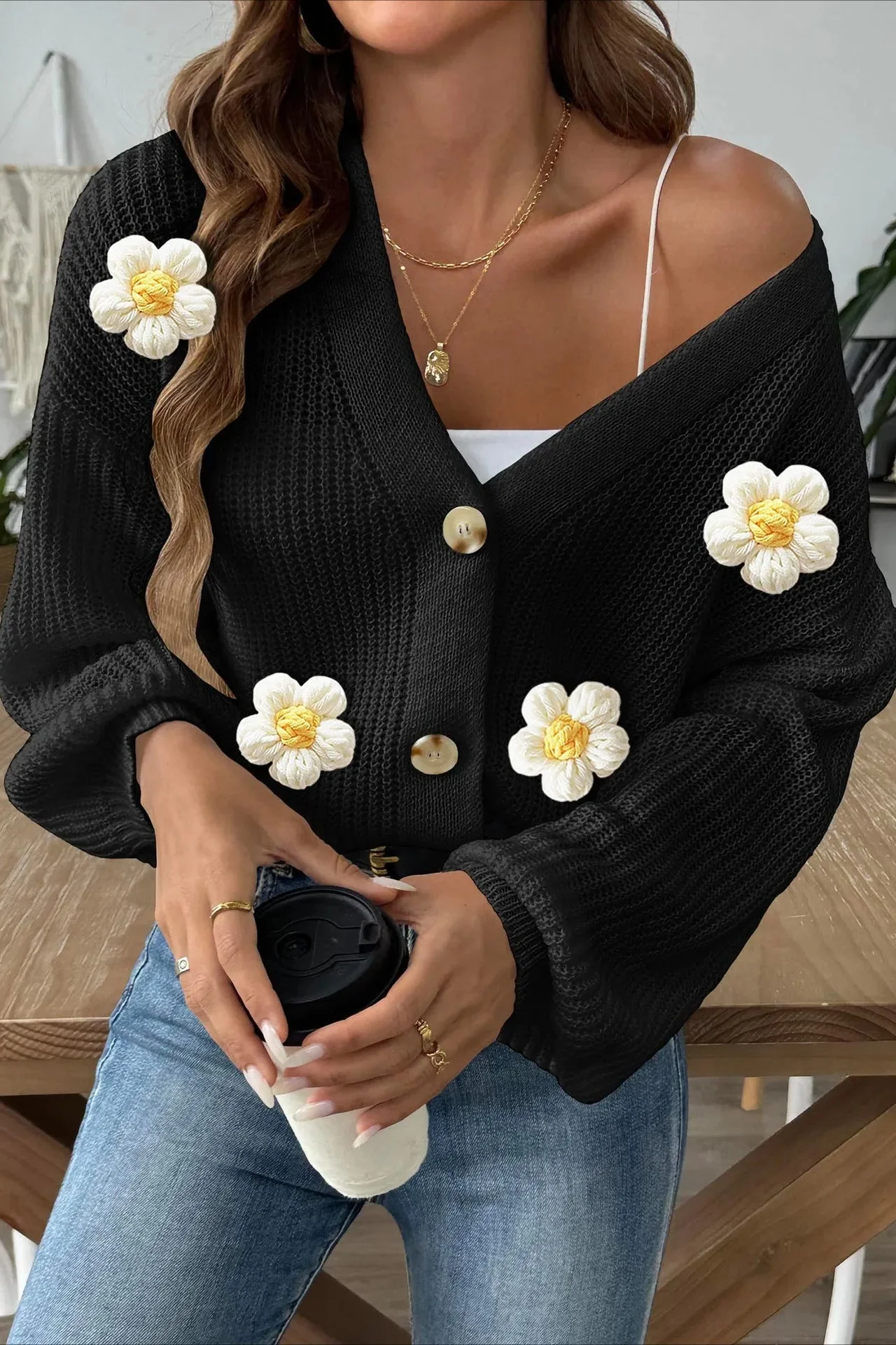 Short Floral Knit Long Sleeve Cardigan - Image 7