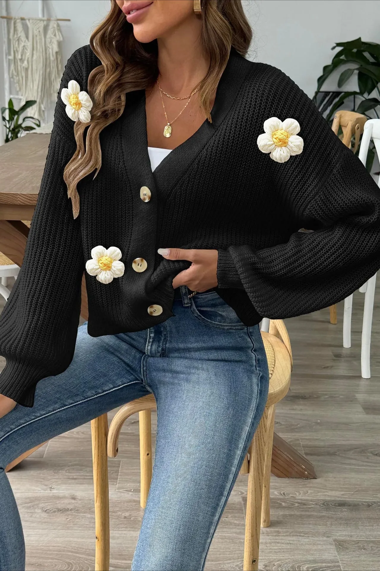 Short Floral Knit Long Sleeve Cardigan - Image 8