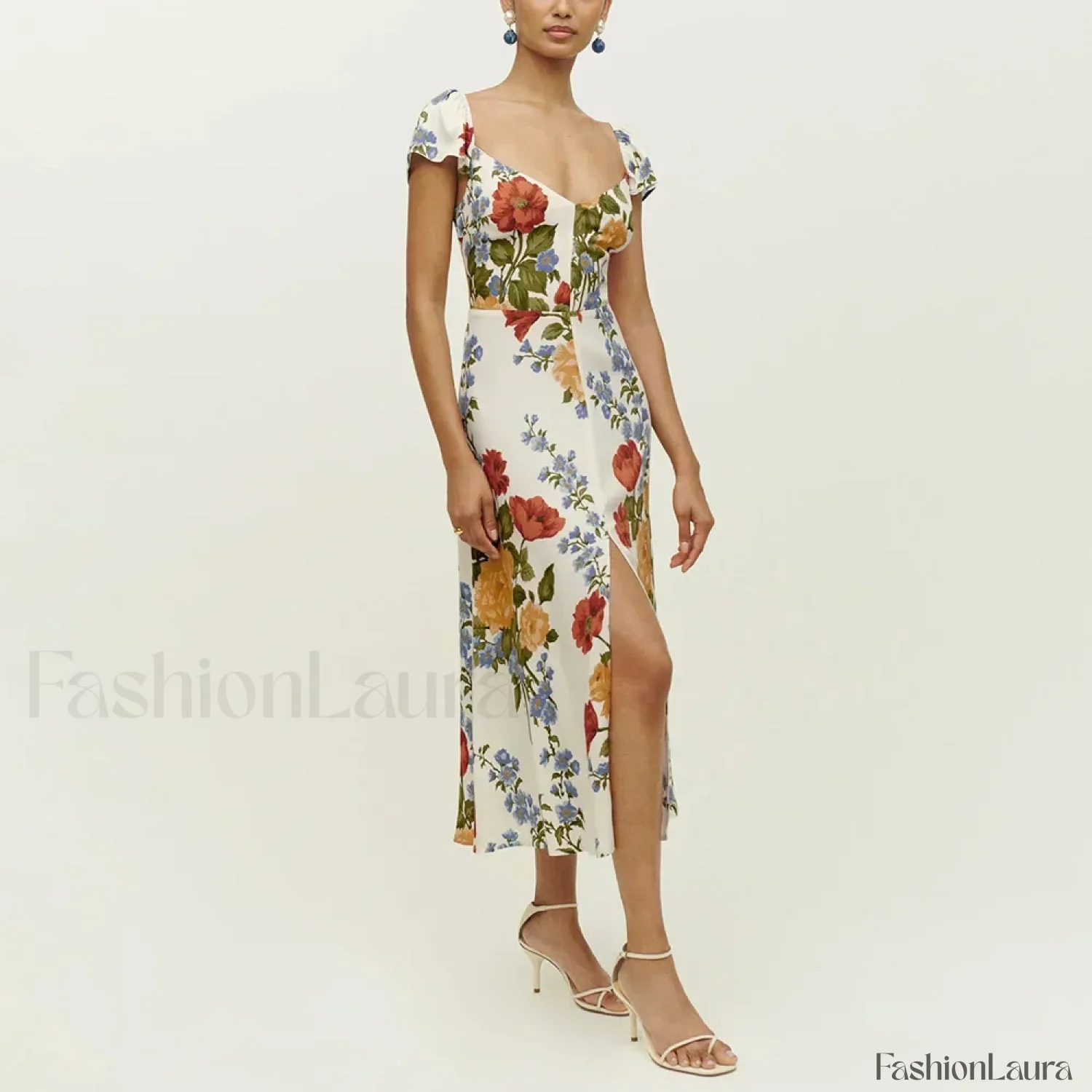 Short-Sleeve Slit Floral Dress - Image 7