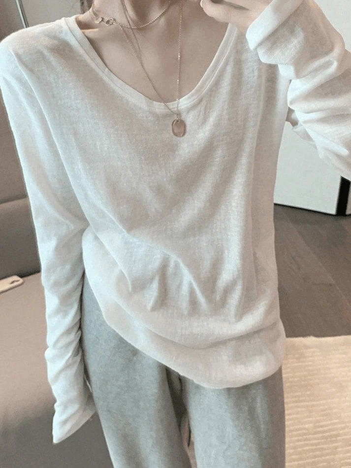 Simple Solid Color Long Sleeve Tee - Image 3