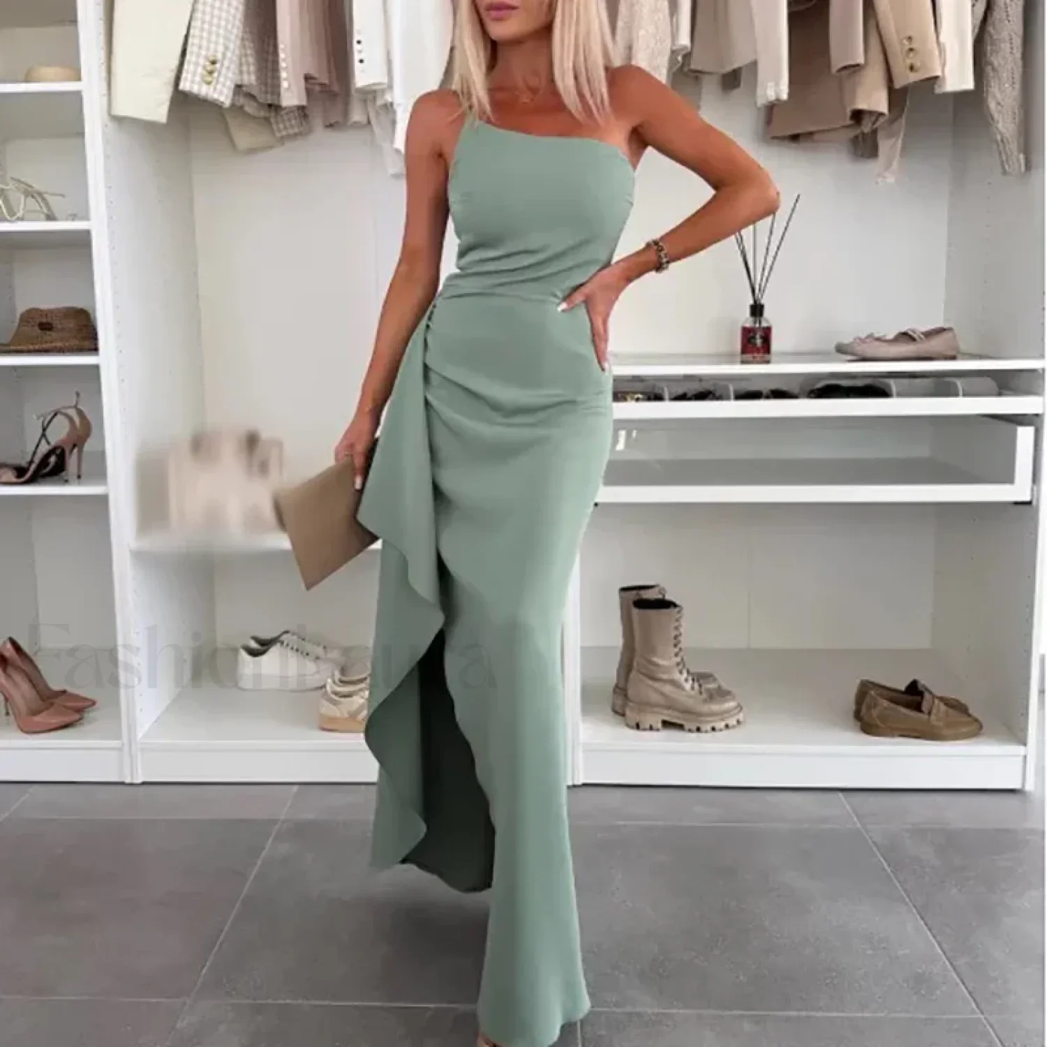 Skew Neck Wrap Split Maxi Dress - Image 9