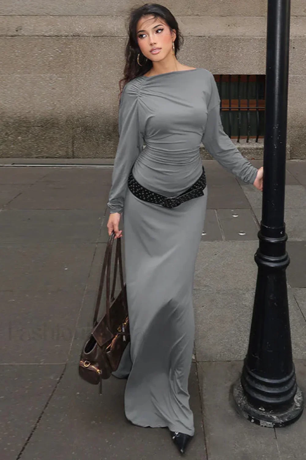 Slant Neck Pleated Slim Fit Celebrity Temperament Maxi Dress