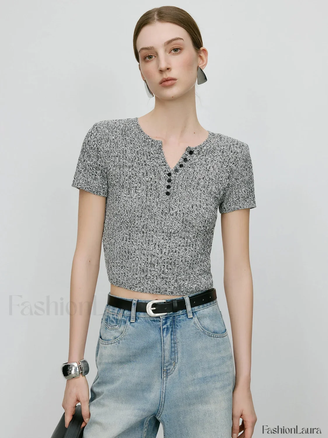 Slim Fit Knitted Grey Round Neck T-Shirt - Image 9