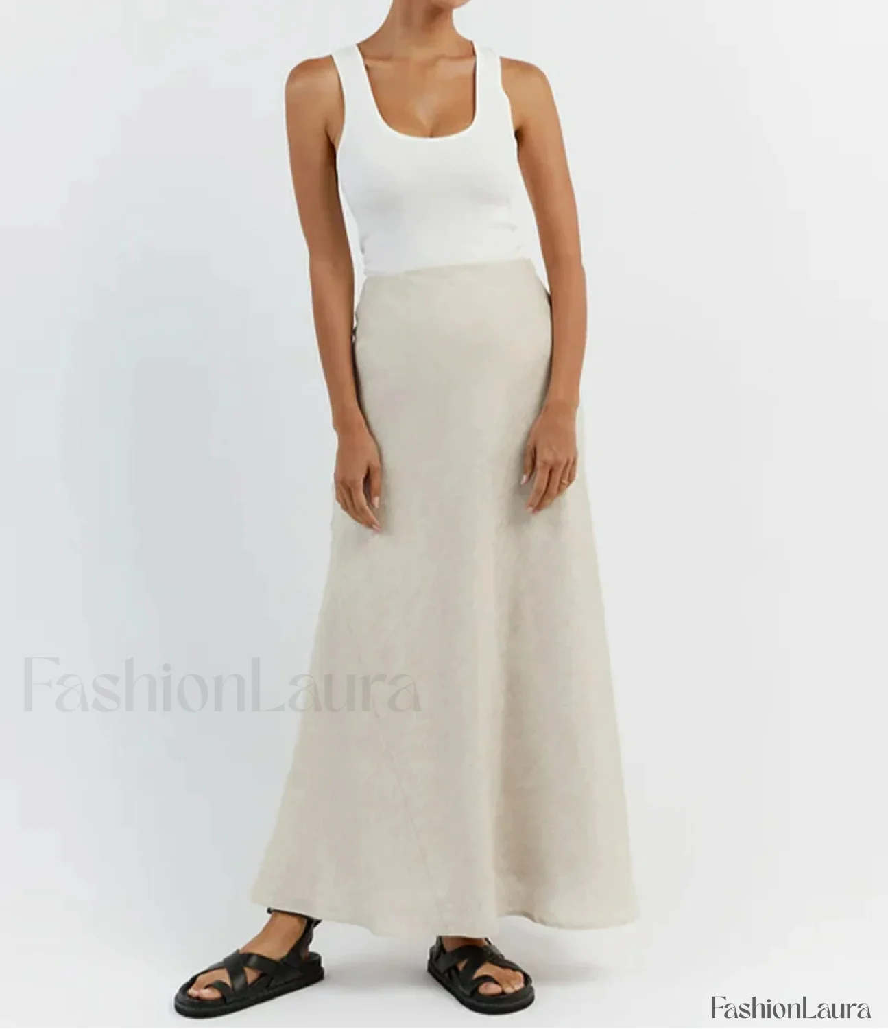 Slim Khaki Linen Tank Skirt Two Piece Set - Image 5