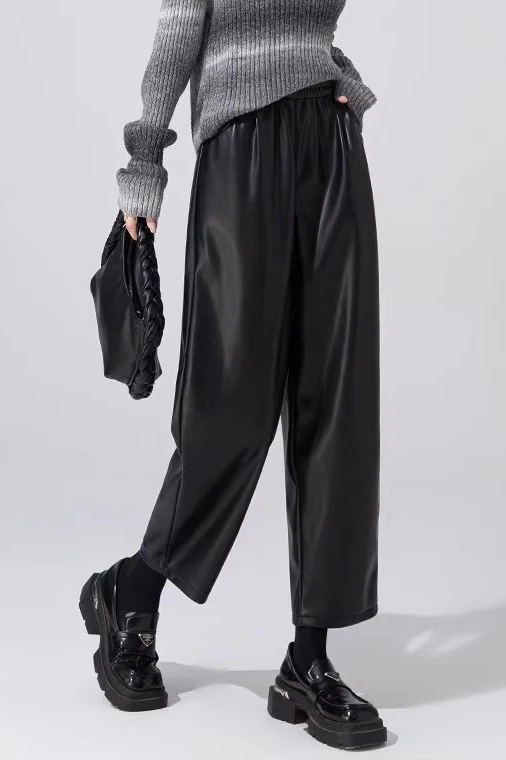 Slim PU Leather Elastic Waist Straight Pants - Image 2