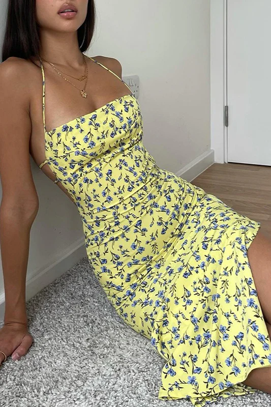 Slit Backless Slim Strap Floral Dress - Image 4