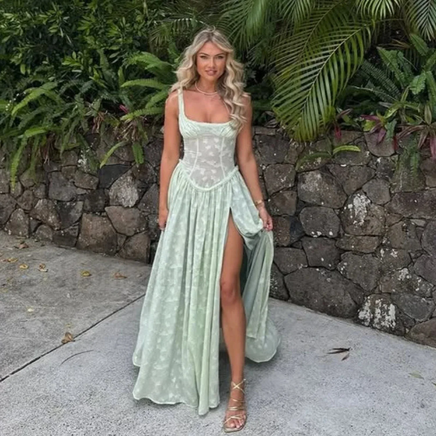 Slit Embroidered Mesh Maxi Dress - Image 4
