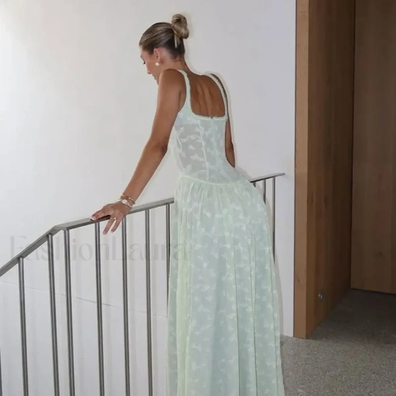 Slit Embroidered Mesh Maxi Dress - Image 5