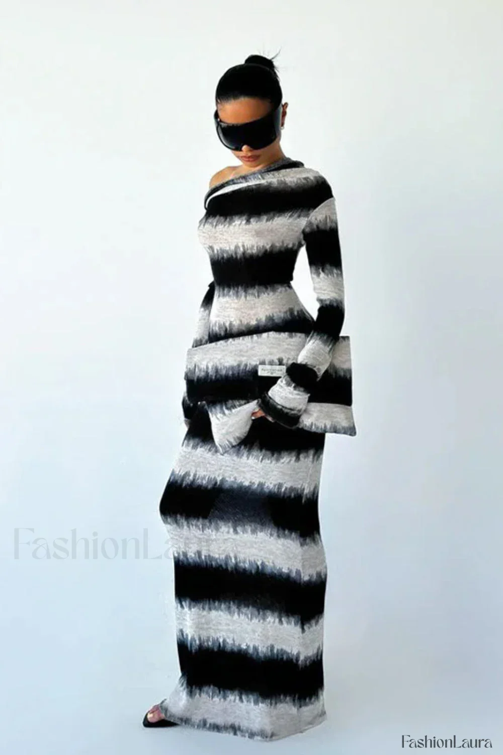 Smudged Black and White Stripes Asymmetrical Slanted Shoulder Maxi Dress - Image 10
