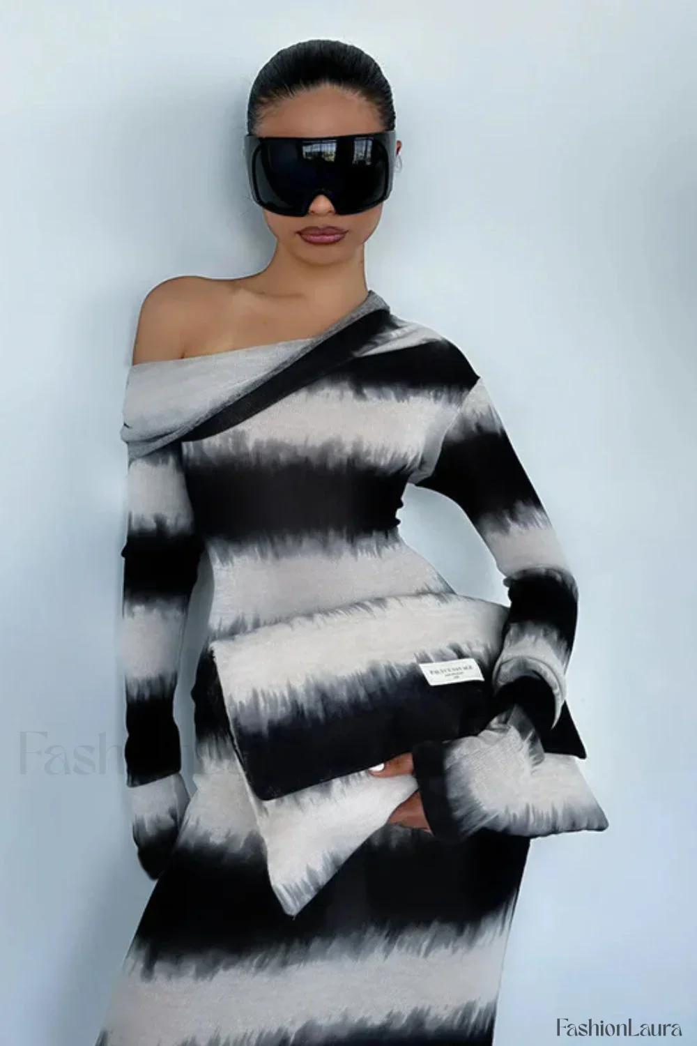 Smudged Black and White Stripes Asymmetrical Slanted Shoulder Maxi Dress - Image 11