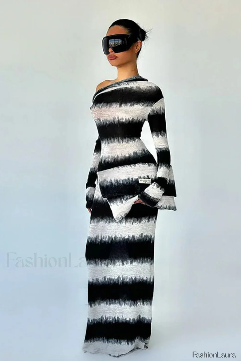 Smudged Black and White Stripes Asymmetrical Slanted Shoulder Maxi Dress - Image 12