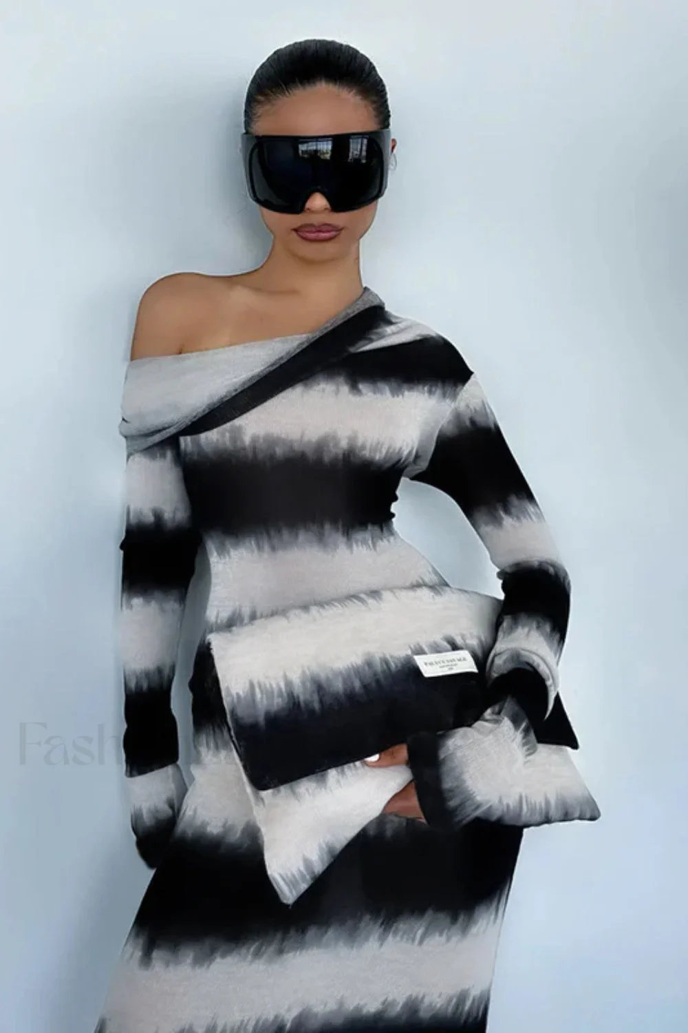 Smudged Black and White Stripes Asymmetrical Slanted Shoulder Maxi Dress - Image 2