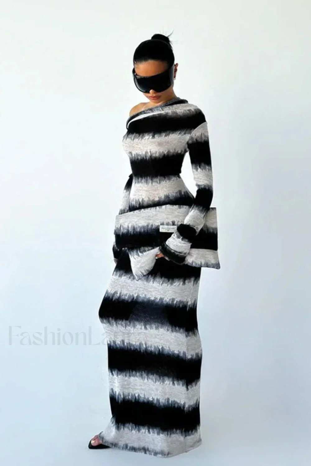 Smudged Black and White Stripes Asymmetrical Slanted Shoulder Maxi Dress - Image 3