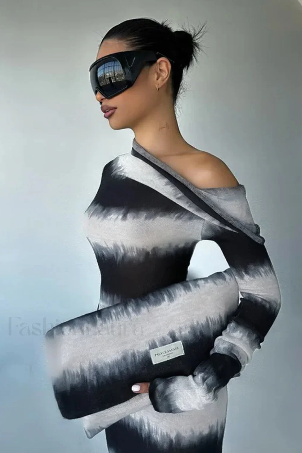 Smudged Black and White Stripes Asymmetrical Slanted Shoulder Maxi Dress - Image 5