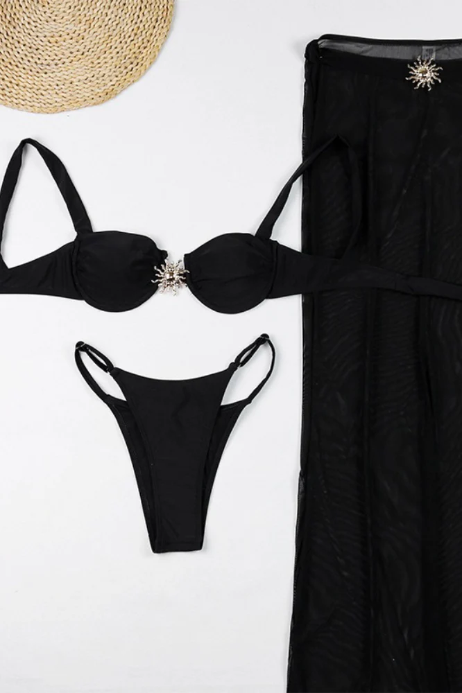 Solid Bra Style Cutout Three Piece Swim Set - Image 7