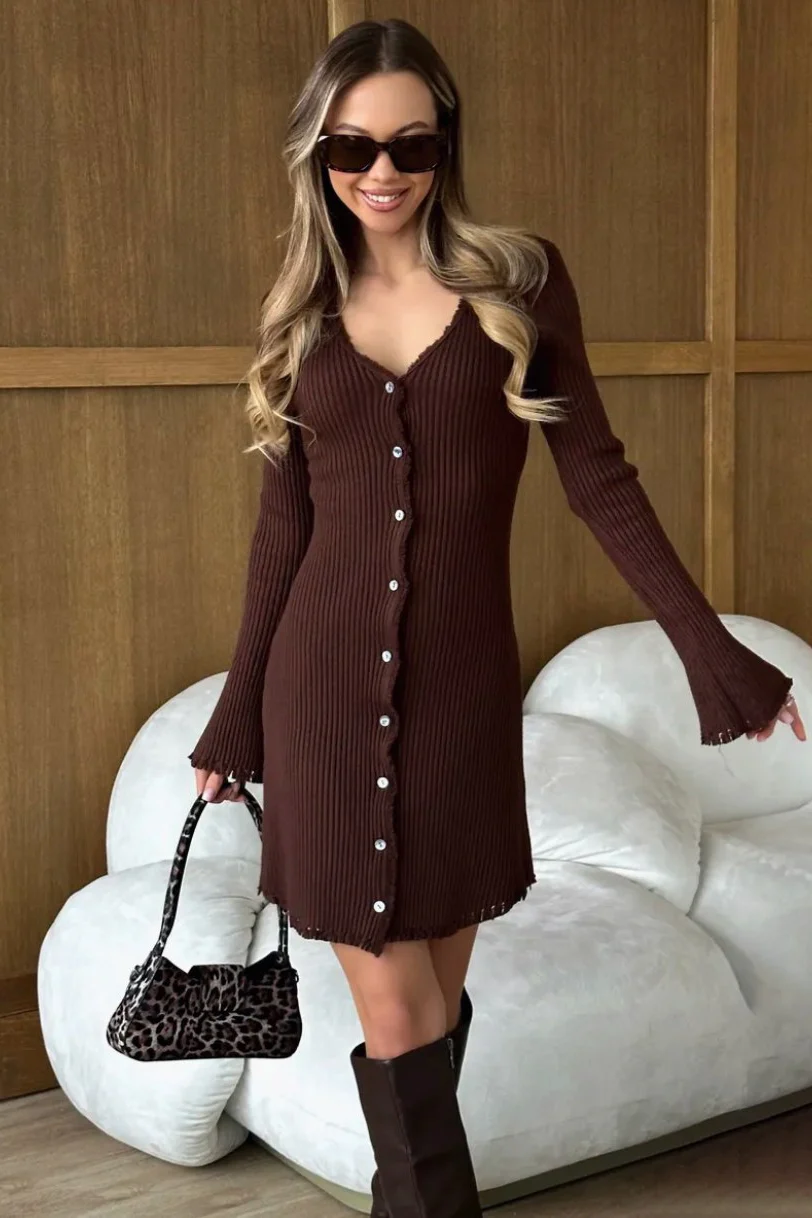 Solid Button Front Knit Sweater Dress - Image 4
