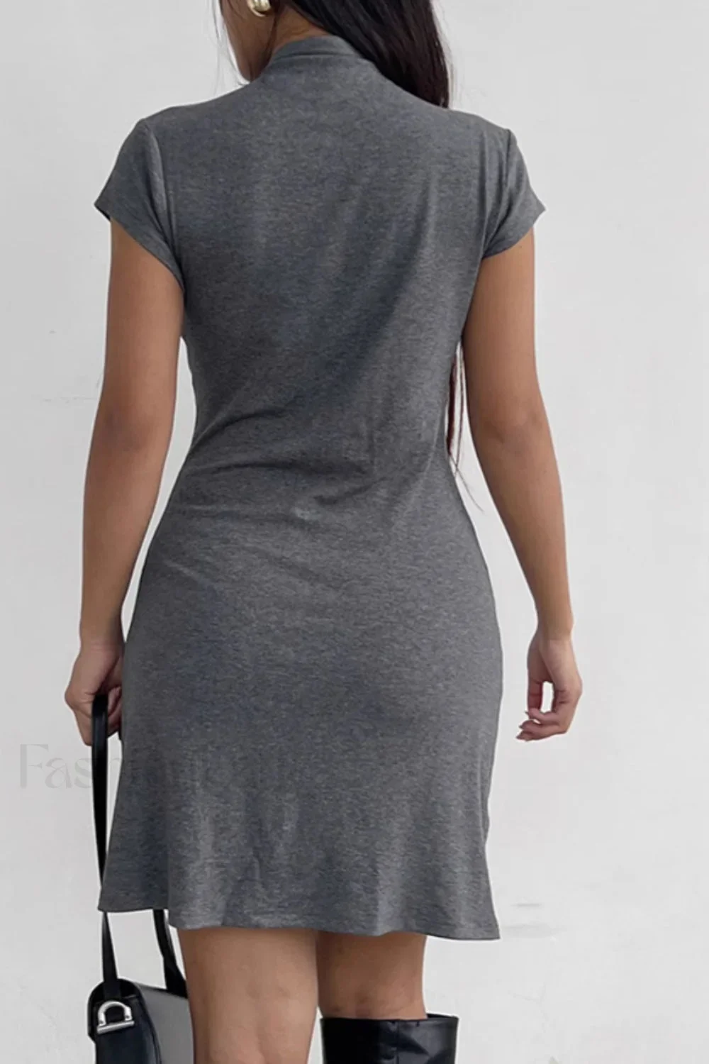 Solid Buttoned High Collar Bodycon A-Line Work Dress - Image 16