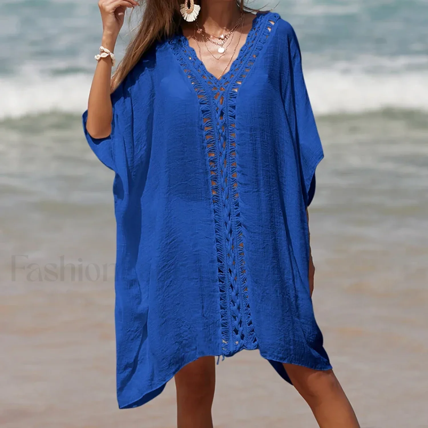 Solid Color Crochet Cutout Loose Cover Up - Image 14