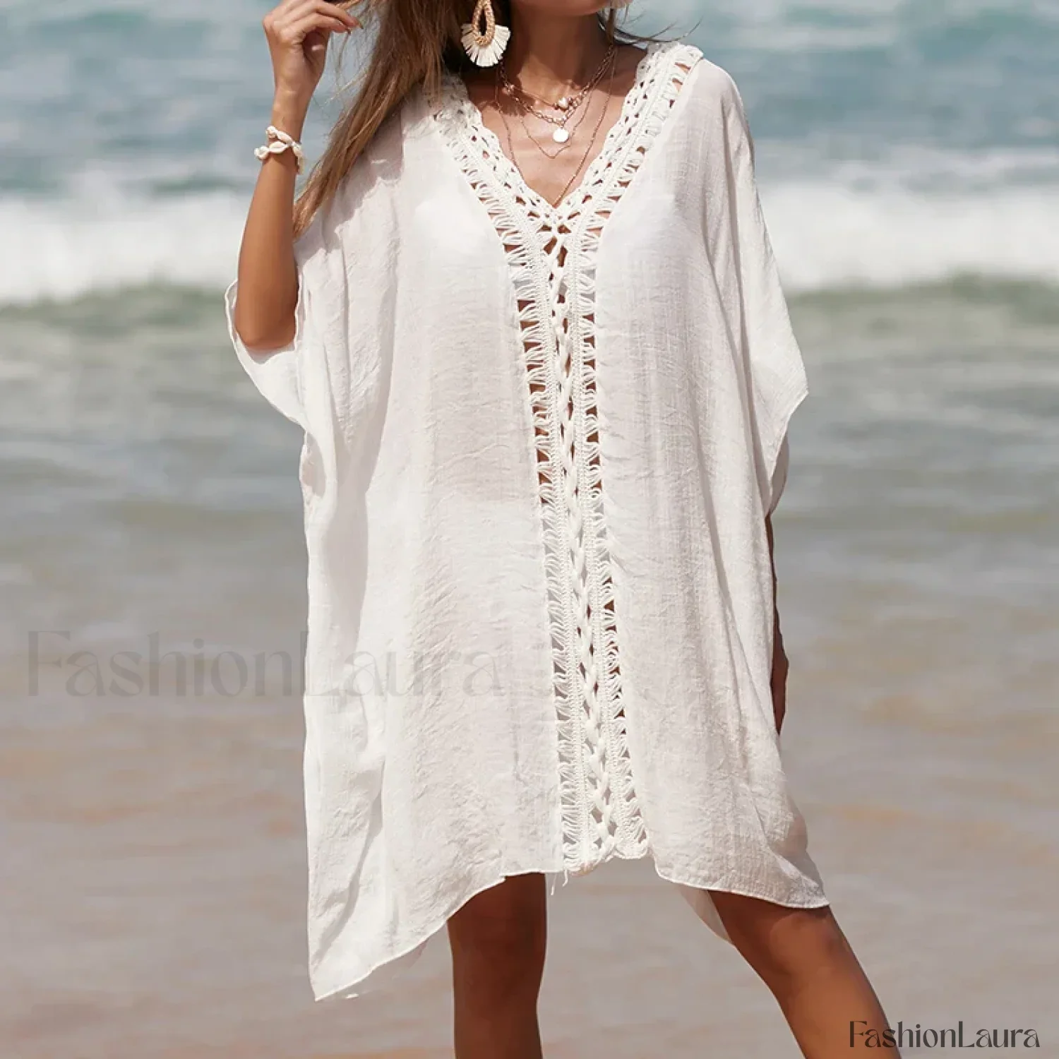 Solid Color Crochet Cutout Loose Cover Up - Image 25