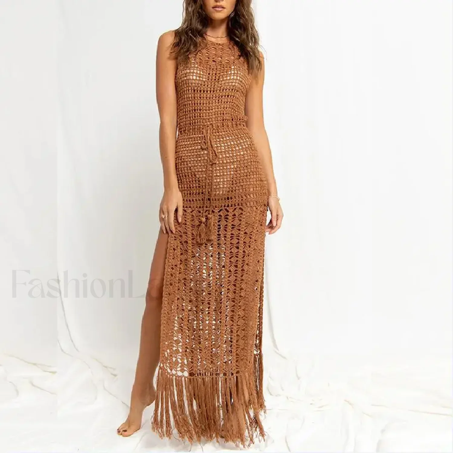 Solid Color Crocheted Hollow Out Sleeveless Cover Up - Image 3
