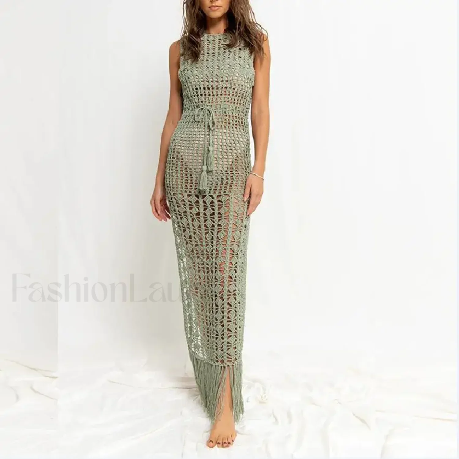 Solid Color Crocheted Hollow Out Sleeveless Cover Up - Image 6