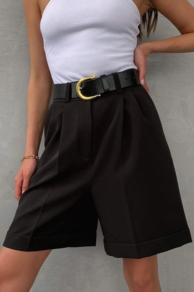 Solid Color High Waist Straight Casual Tailored Shorts - Image 2